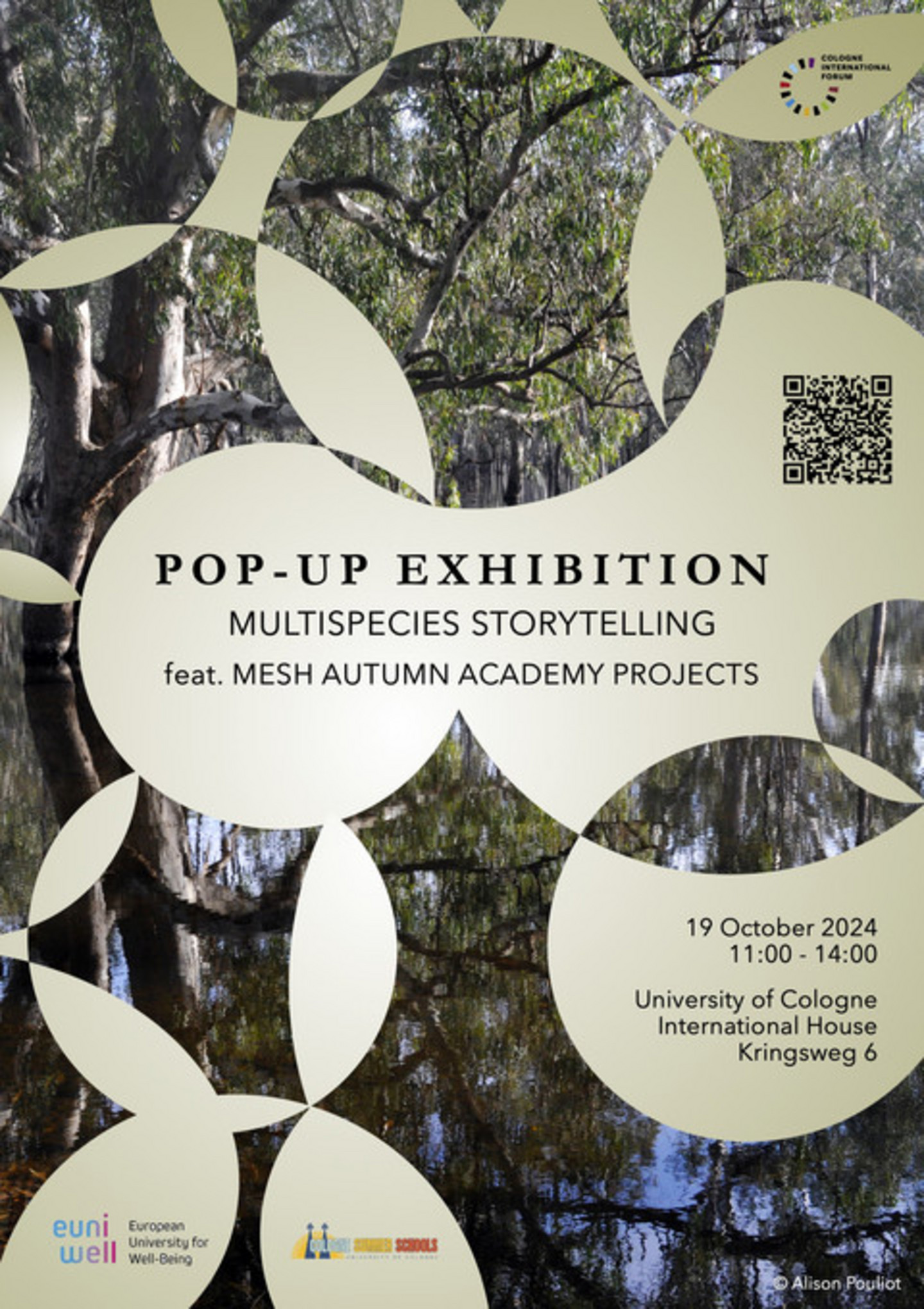 overlay the image. Text: Pop-up Exhibition. Multispecies Storytelling. feat. MESH Autumn. Academy Projects. 19 October 2024. 11:00 - 14:00. University of Cologne. International House. Kringsweg 6. Logos: Cologne International Forum. EuniWell (European University for Well-Being). Cologne Summer Schools. Fotocredit: Alison Pouliot.