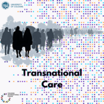 Text: Transnational Care. An abstract image of people walking in line, pictured on a colorful background.